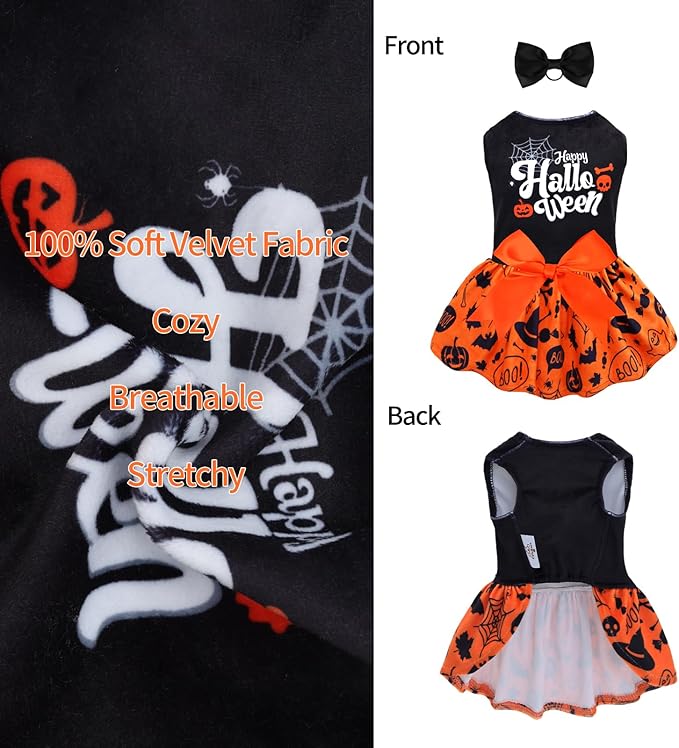 CuteBone Halloween Dog Dresses Velvet Holiday Small Dogs Clothes Onesie Pet Apparel Girl Puppy Skirt with Bow Hair Rope CVA43M-D