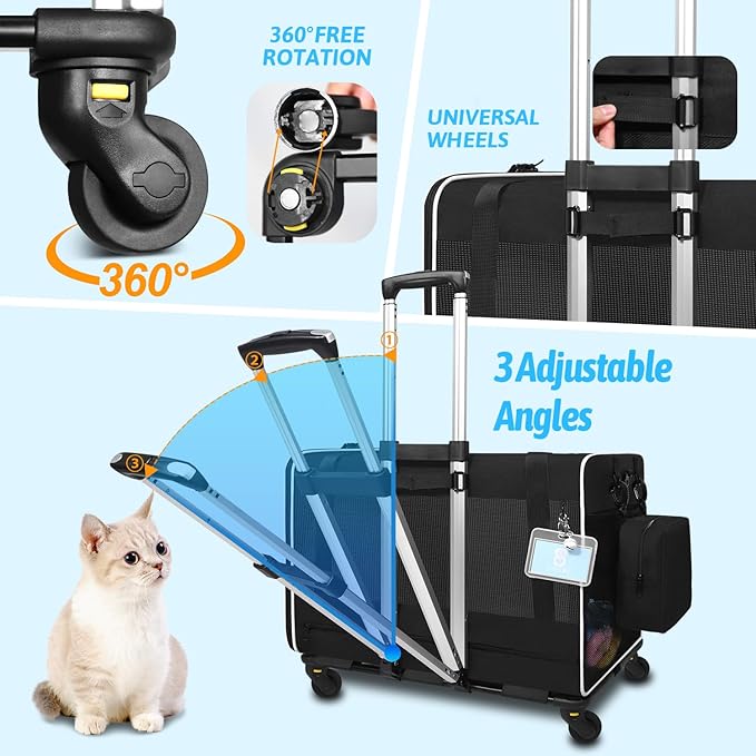 Petskd Large Pet Carrier with Wheels 24"x17"x17" for Large Cats 2 Cats