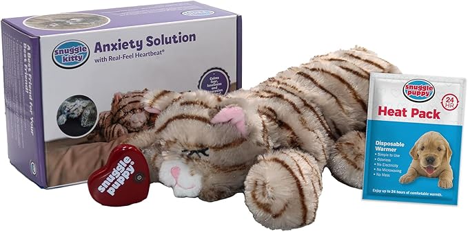 SmartPetLove Original Snuggle Kitty Heartbeat Stuffed Toy for Cats by Snuggle Puppy. Pet Anxiety Relief and Calming Aid in Tan Tiger