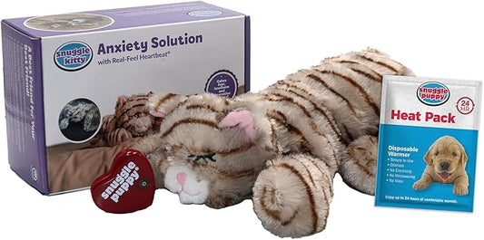 SmartPetLove Original Snuggle Kitty Heartbeat Stuffed Toy for Cats by Snuggle Puppy. Pet Anxiety Relief and Calming Aid in Tan Tiger