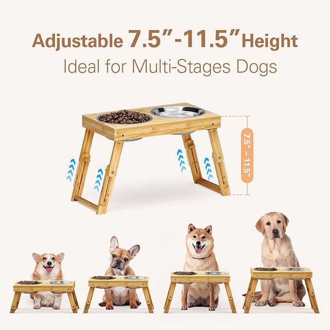 Zarler Bamboo Elevated Dog Bowls 7.5'' - 11.5'' Adjustable 2 1200ML