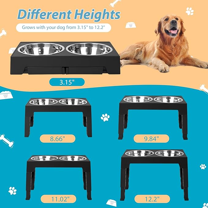 Niubya Elevated Dog Bowls with 2 Stainless Steel Dog Food Bowls 5 Heights (3.15", 8.66", 9.84",11.02", 12.2")