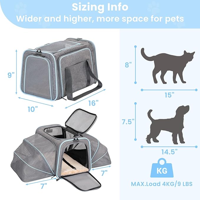 Petsfit Expandable Cat Carriers Airline Approved 16"x10"x9" Small