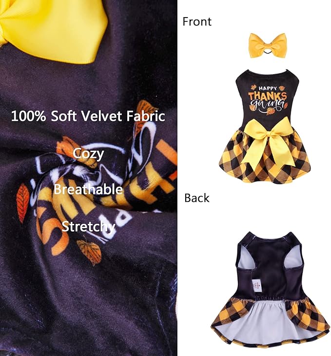 CuteBone Happy Thanksgiving Day Dog Dress Velvet for Small Dogs Girl Puppy Dresses Yellow Plaid Dog Clothes CVA03XXS-D