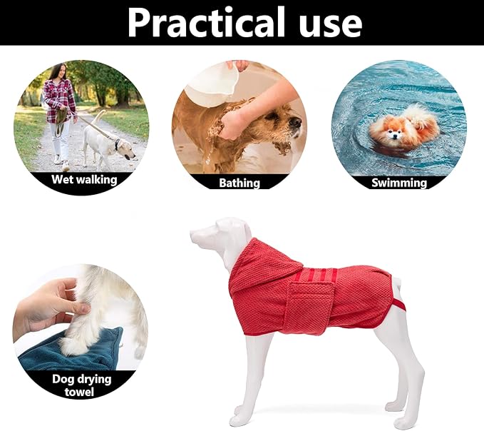 Geyecete Dog Drying Coat with Hood for After Drying-Red-3XL