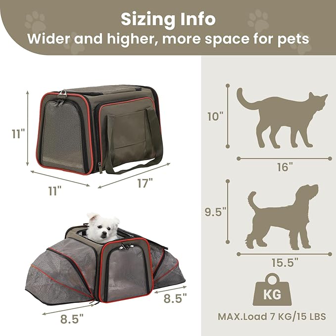 Petsfit Airline Approved Expandable Large Cat Carrier Small Dog Carrier 17" x 11" x 11" Collapsible