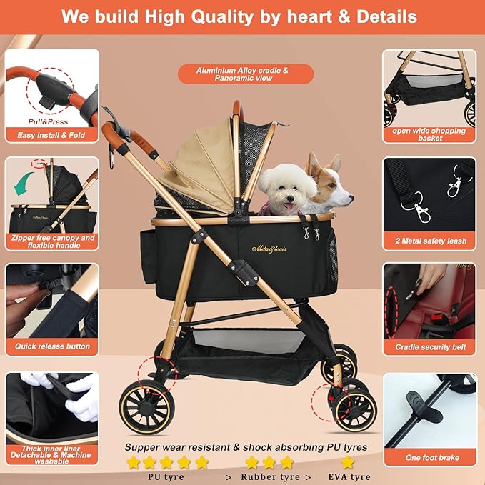 MILA&LOUIS 3 in 1 Folding Pet Stroller 4 Wheels 30lbs, Dog/Cat