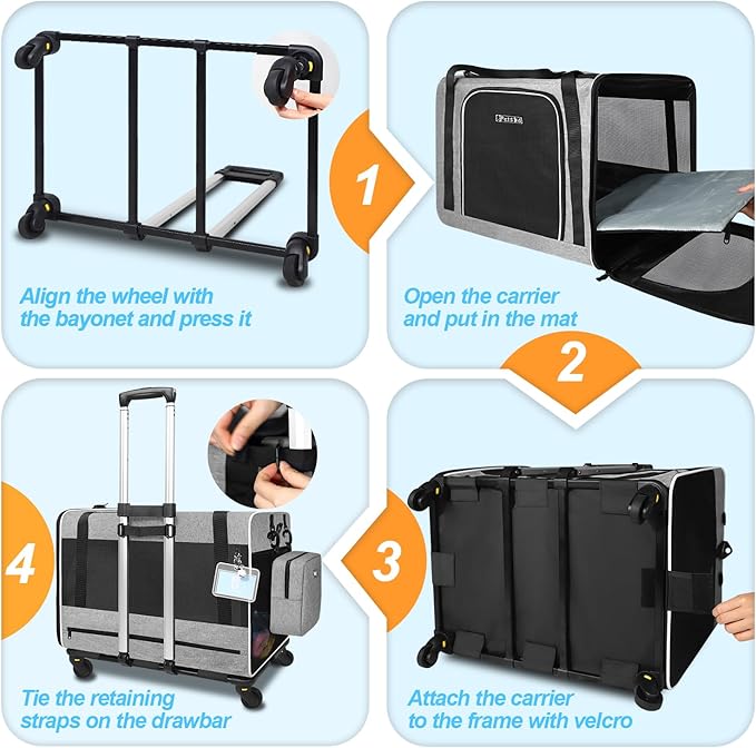 Petskd Large Pet Carrier with Wheels 24"x17"x17" for Large Cats 2 Cats