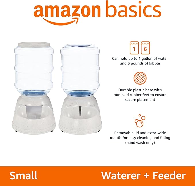 Amazon Basics Automatic Dog Cat Water Dispenser Gravity Feeder Set 6-Pound Food 1-Gallon, Gray