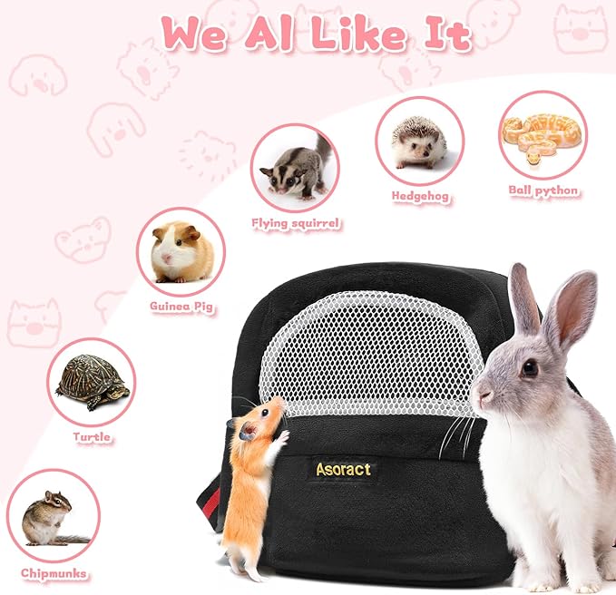 Sugar Glider Pouch Bonding Fleece Guinea Pig Carrier, Soft Comfortable Going Out Small Pets Sleeping Bag with Adjustable Strap,Breathable Mesh Window and Removable Mat for Hedgehogs (Black, L1)
