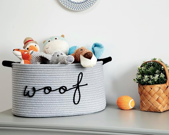 Woof Dog Toy Basket Woven Pet Baskets Storage Bin Box with Durable Handles