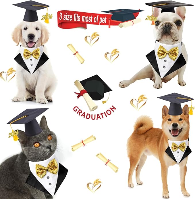 Pet Graduation Cap Dog Bandanas Collar Costume 3Pack Graduation Hat Triangle Scarf Grad Outfit Accessory for Dogs Cat Formal Tux Clothes with Bowtie Holiday Party Apparel (3PCS Gard Tux Set