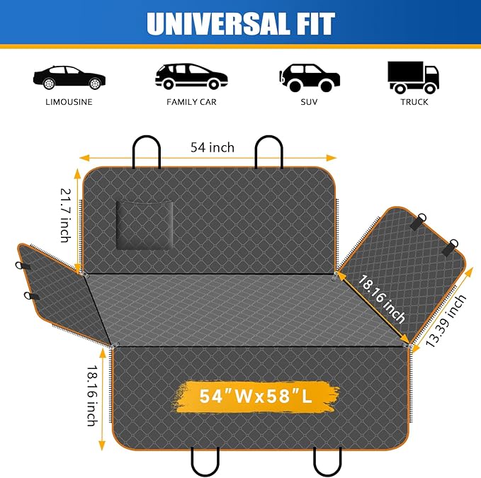 Dog Car Seat Cover for Back Seat Dog Seat Cover with Storage Pocket Dog Hammock Protects Against Dirt Dog Seat Covers for Cars Scratch Prevention Fits for SUVs and Trucks 54"x 58"