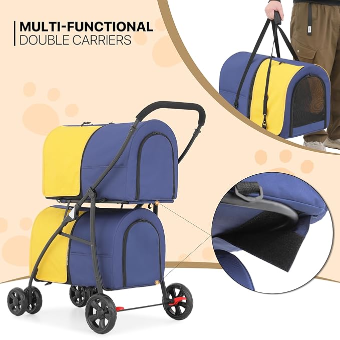 MoNiBloom Double Dog Stroller with Detachable Carrier Bags Large 4 Wheels Foldable Jogger for Small and Medium Dog Cats