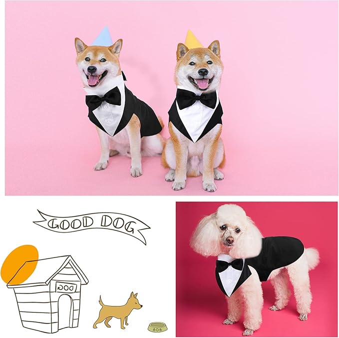 Dog Tuxedo and Bandana Set Dogs Formal Tuxedo PET Wedding Party Suit Wedding Bow Tie Shirt for Wedding Christmas Birthday Costumes (Cute Style