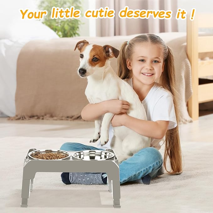 Elevated Dog Bowls for Small Dogs 3 Height Adjustable Raised Dog Bowl Stand with 25oz Stainless Steel Dog Food Bowls Anti-Slip Small Dog Feeder Adjusts to 7.5" 6", 2.75",