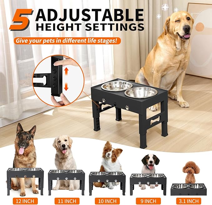 Elevated Dog Bowls 5 Height Adjustable with 2 Stainless Steel Dog Food Bowls Stand Non-Slip No Spill Dog Dish Raised Dog Bowl Adjusts to 3.1” 9”, 10”, 11”, 12”