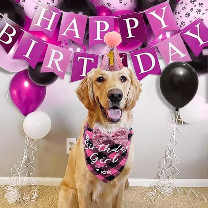 Dog Birthday Party Supplies, LMSHOWOWO Reusable Dog Birthday Bandana Set, Blingbling Dog Birthday Hat Bow Tie Numbers for Medium Large Dogs Pets Birthday Decorations (Pink, Large)