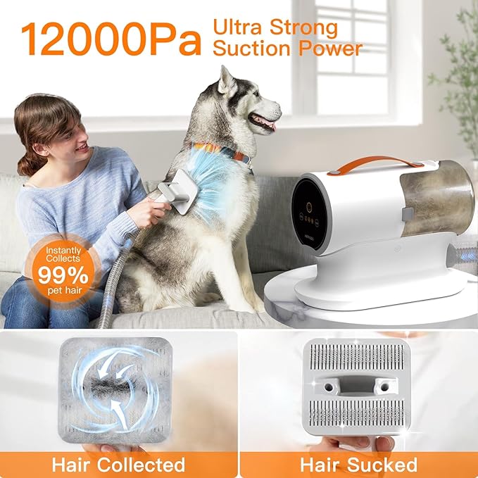 AIRROBO Dog Grooming Vacuum Kit,12000Pa Strong 2L Large 5 Pet Quiet,PG100