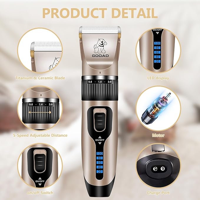 Dog Clippers Grooming Kit Hair Clipper -4 in 1Low Noise -Rechargeable-Cordless Quiet Paw Trimmer Nail Grinder