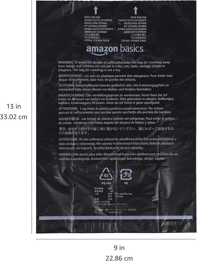 Amazon Basics Dog Poop Leak Proof Bags with Dispenser and Leash Clip 900 Count, 60 Pack 15, Black, 13 x 9 Inch