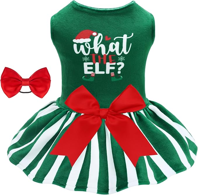 CuteBone What The Elf Dog Dresses Velvet Holiday Small Dogs Clothes Onesie Pet Apparel Girl Puppy Skirt with Bow Hair Rope CVA53S-D