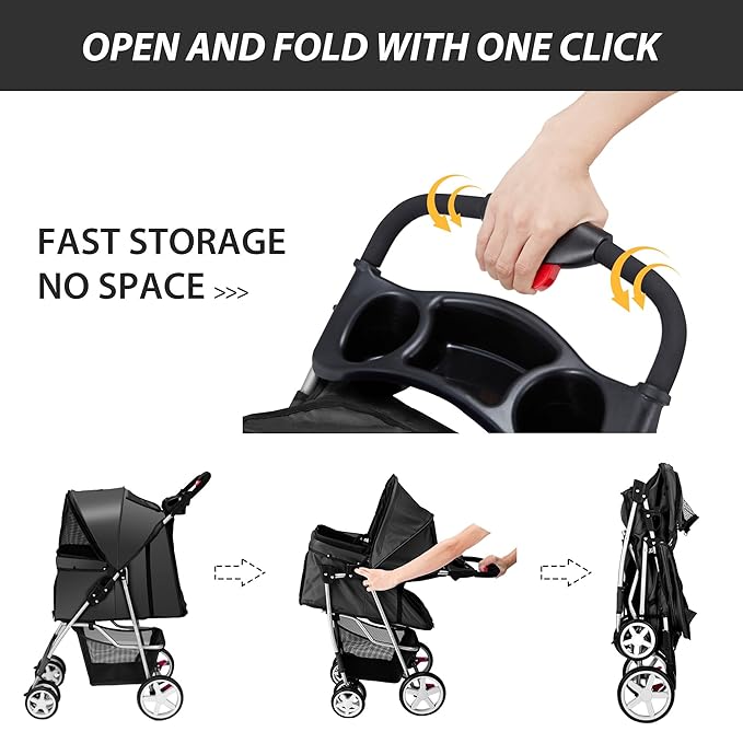 4 Wheels Pet Stroller for Small Medium Dogs Cats 33 lbs