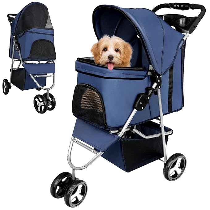 Foldable Dog Stroller for Small Medium Dog Cat 3 Wheels