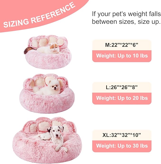 Jiupety Cute Pink Round Calming Dog Bed of Paw Shape