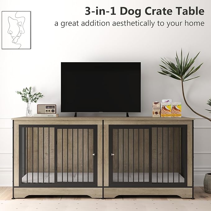 Rovibek Dog Crate TV Stand 75 Inch, 2 Dogs,