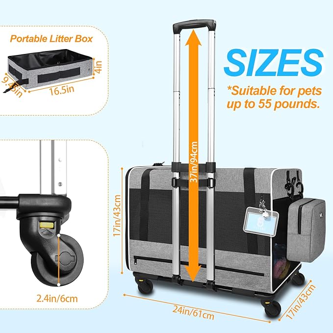 Petskd Large Pet Carrier with Wheels 24"x17"x17" for Large Cats 2 Cats