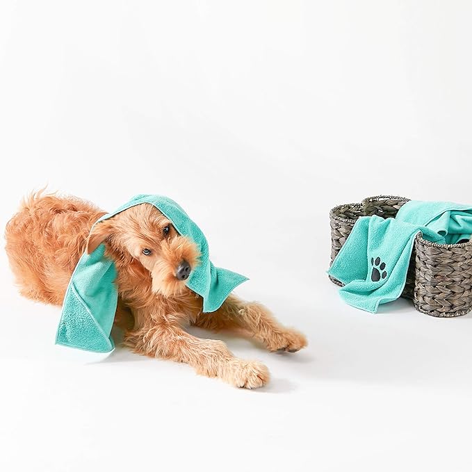 Bone Dry Pet Grooming Towel Collection Embroidered Absorbent Microfiber Drying Set 15x30, Aqua, 3 Count