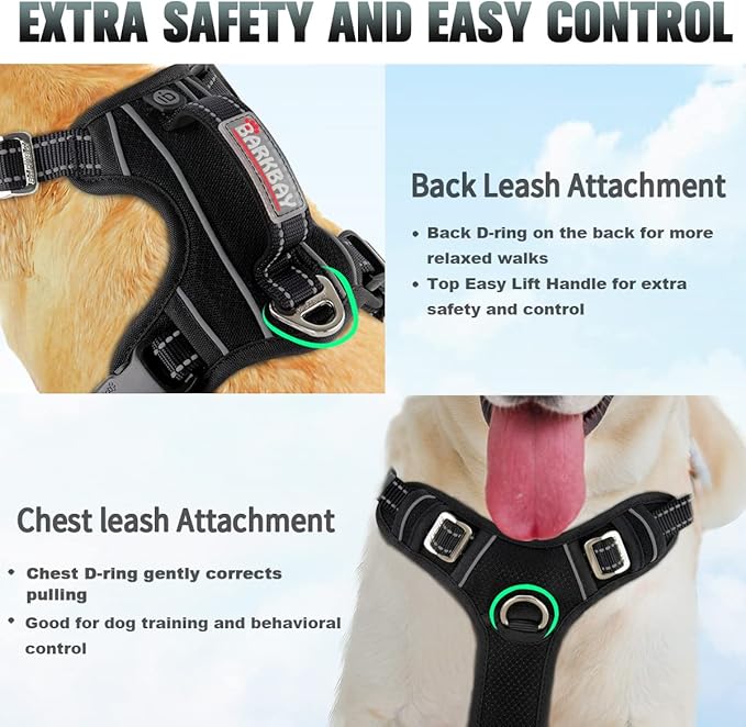 BARKBAY No Pull Dog Harness 3 Buckles Large Step in Reflective Dog Harness with Front Clip and Easy Control Handle for Walking Training Running with ID tag Pocket(Black