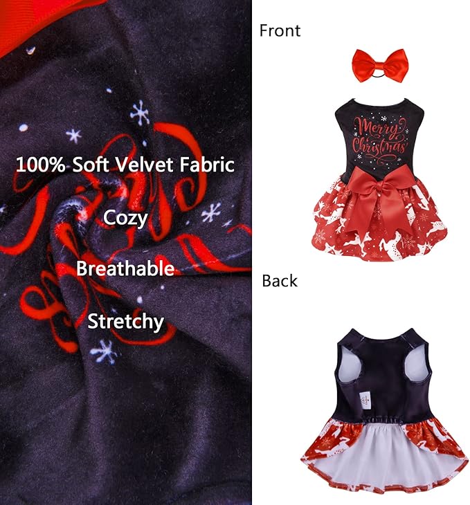 CuteBone Merry Christmas Dog Dress Velvet for Small Dogs Girl Reindeer Puppy Dresses Red Dog Clothes CVA04S-D
