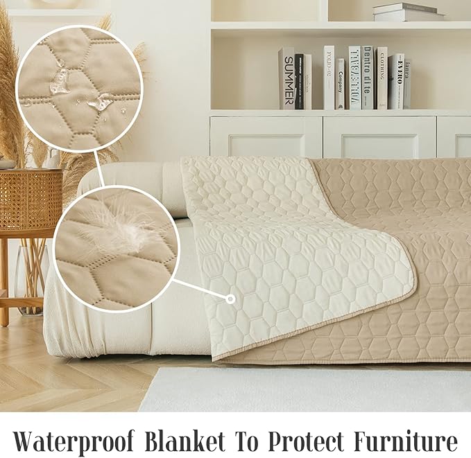 Waterproof Pet Blankets Dog Bed Cover for Pets Reusable Furniture Protector (Beige+Ivory 52"x82")