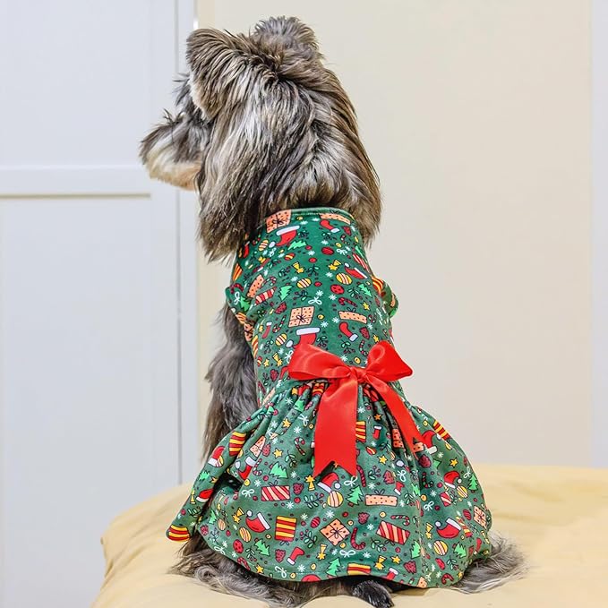 CuteBone Dog Dresses Velvet Holiday Small Dogs Clothes Onesie Pet Apparel Girl Puppy Skirt with Bow Hair Rope CVA33XS