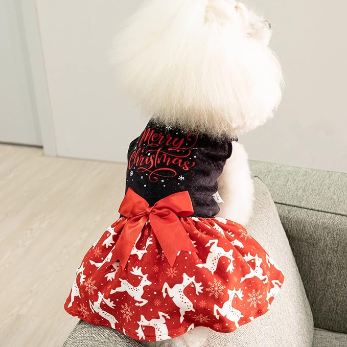 CuteBone Merry Christmas Dog Dress Velvet for Small Dogs Girl Reindeer Puppy Dresses Red Dog Clothes CVA04S-D