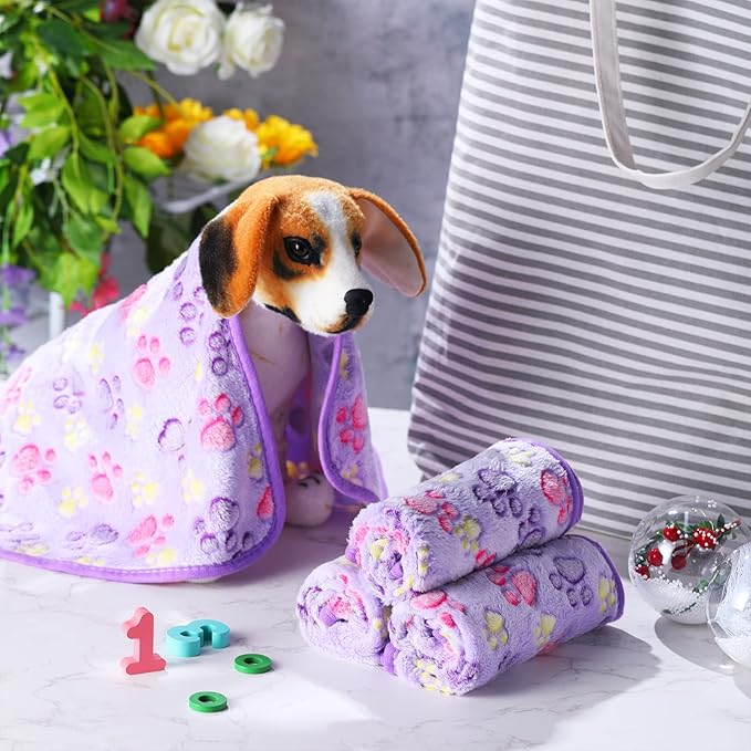 4 Pcs Pet Blanket Dog Puppy Blanket Paw Print Fleece Blanket for Small Medium Pet Dog Cat Warm Soft Sleep Mat Guinea Pig Cage Liners Blanket (Purple Small(24 x 16 Inch))