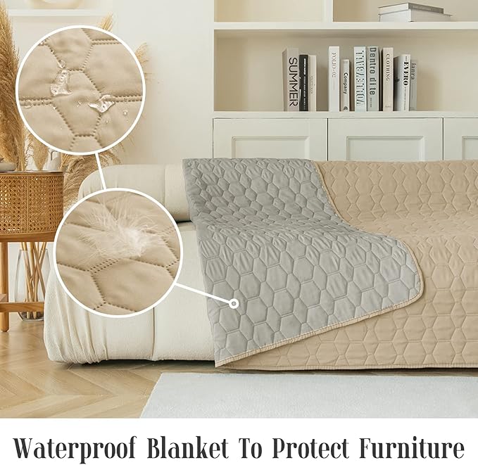 Waterproof Pet Blankets Dog Bed Cover for Pets Reusable Furniture Protector (Beige+Grey 52"x82")