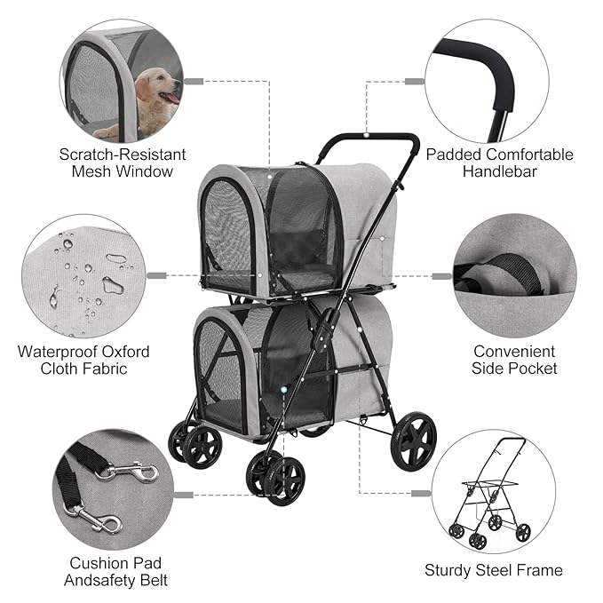 Double Pet Stroller for Dogs and Cats with 2 Detachable Carrier 4 Wheels,