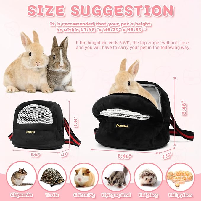 Sugar Glider Pouch Bonding Fleece Guinea Pig Carrier, Soft Comfortable Going Out Small Pets Sleeping Bag with Adjustable Strap,Breathable Mesh Window and Removable Mat for Hedgehogs (Black, L1)