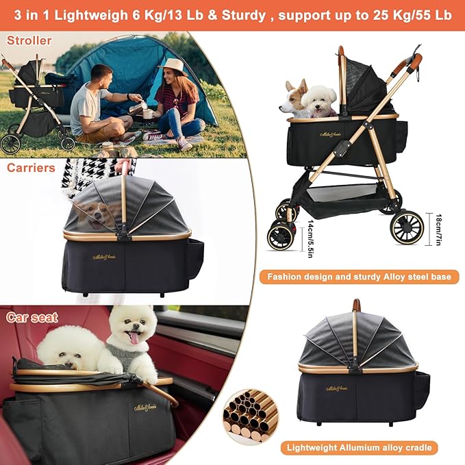 MILA&LOUIS 3 in 1 Folding Pet Stroller 4 Wheels 30lbs, Dog/Cat