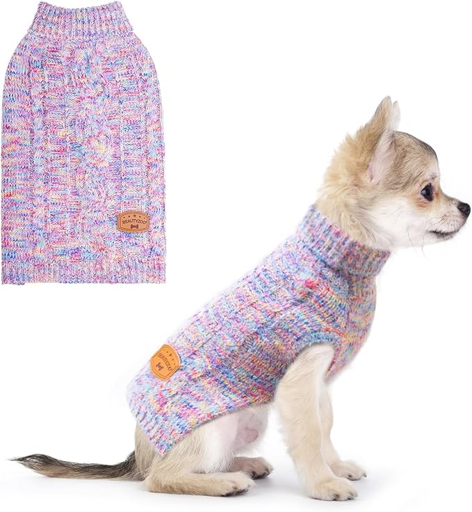 BEAUTYZOO Small Dog Sweater -Turtleneck Pullover Classic Cable Knit Fuzzy Winter Coat Dog Cold Weather Clothes for Small Medium Dogs Puppy Girl Boys(Rainbow Pink, XS)