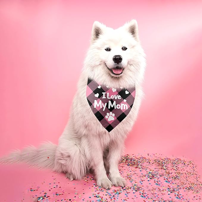 I Love My Mom Mothers Day Dog Bandana Mom Birthday Puppy Bandana Funny Dog Bandana Pink Plaid Dog Bandana Pet Accessories for Dog Lover Dog Mama