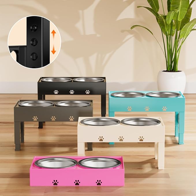 Elevated Dog Bowls 5 Height Adjustable with 2 Stainless Steel Dog Food Bowls Stand Non-Slip No Spill Dog Dish Raised Dog Bowl Adjusts to 3.1” 9”, 10”, 11”, 12”