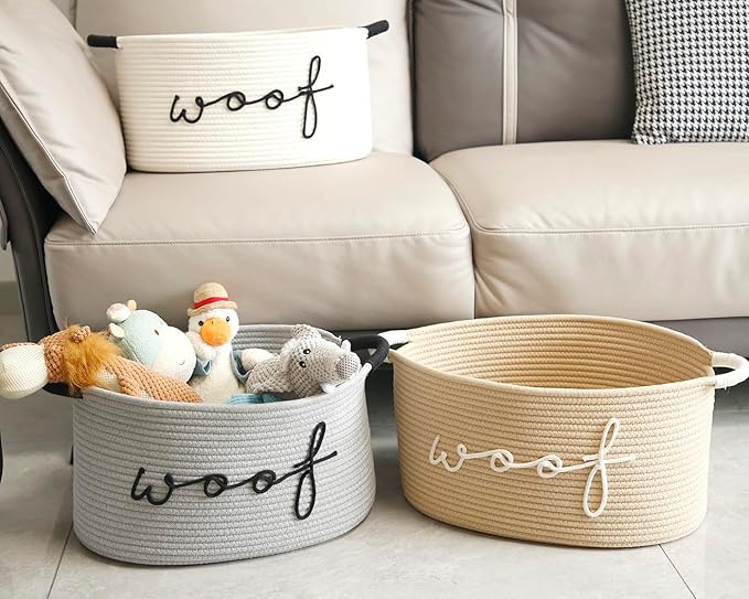 Woof Dog Toy Basket Woven Pet Baskets Storage Bin Box with Durable Handles