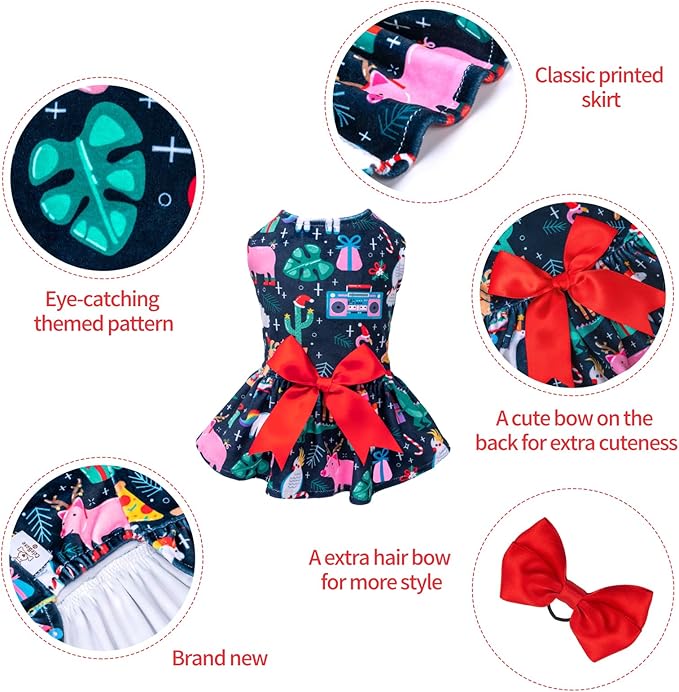 CuteBone Dog Dresses Velvet Holiday Small Dogs Clothes Onesie Pet Apparel Girl Puppy Skirt with Bow Hair Rope CVA32XS