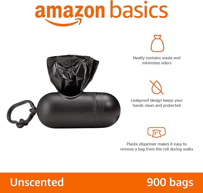 Amazon Basics Dog Poop Leak Proof Bags with Dispenser and Leash Clip 900 Count, 60 Pack 15, Black, 13 x 9 Inch