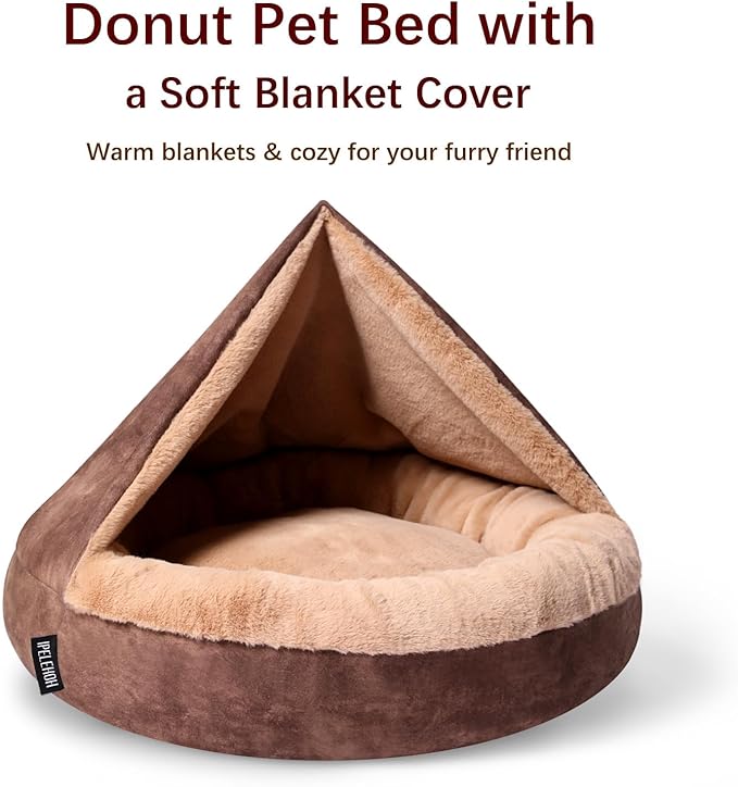 Cozy Soft Dog Bed with Hooded Blanket Warm Calming Cat Cave for Small Medium Dogs and Cats 23x23x6″