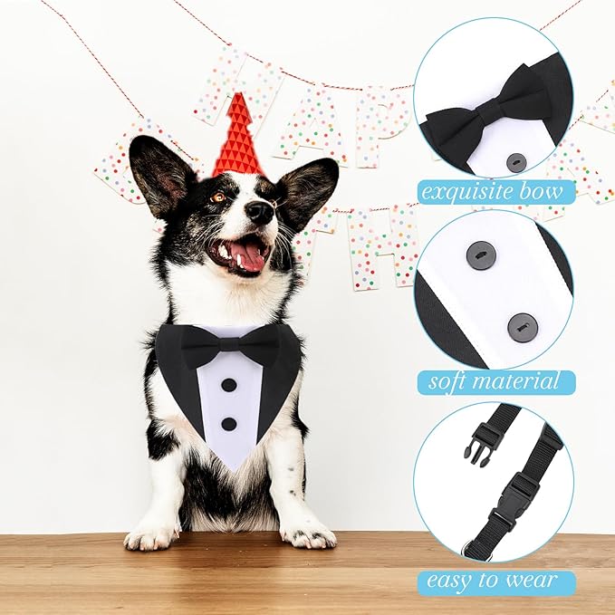Dog Tuxedo Wedding Bandana Collar with Bow Tie 15”-25”)